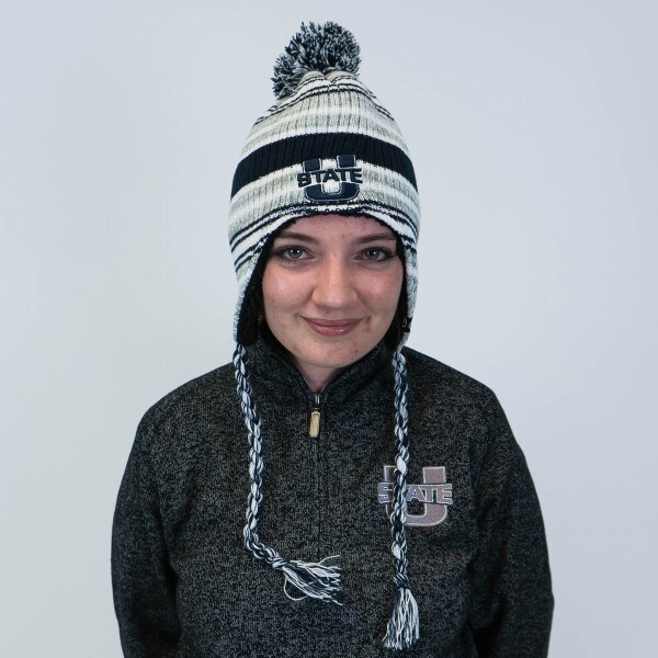 striped pom pom ear flap beanie utah state